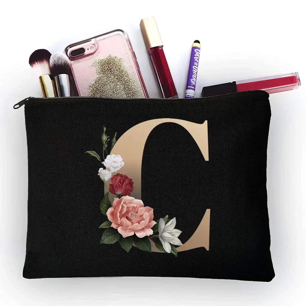 trousse de maquillage pour filles, sac de rangement classique à motif de lettres dorées, pochettes pour sacs de voyage, pochette à cosmétiques pour femmes