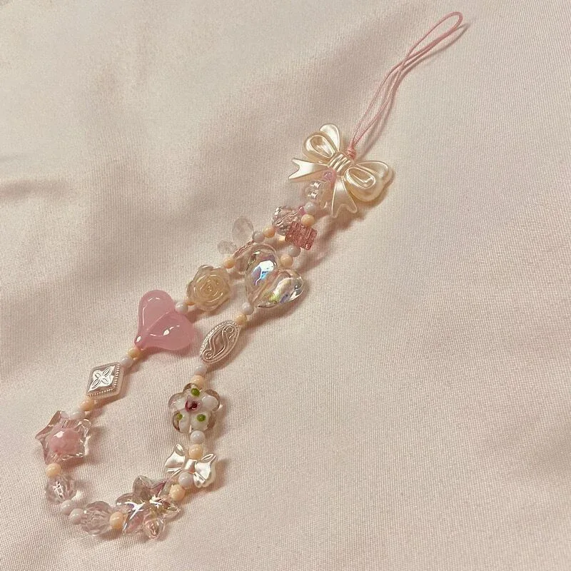 chaîne de téléphone, cordon de sac, porte-clés, breloque de sac à dos, cadeau, version coréenne, avec motifs fleurs de cerisier roses, nœuds d'amour et perles