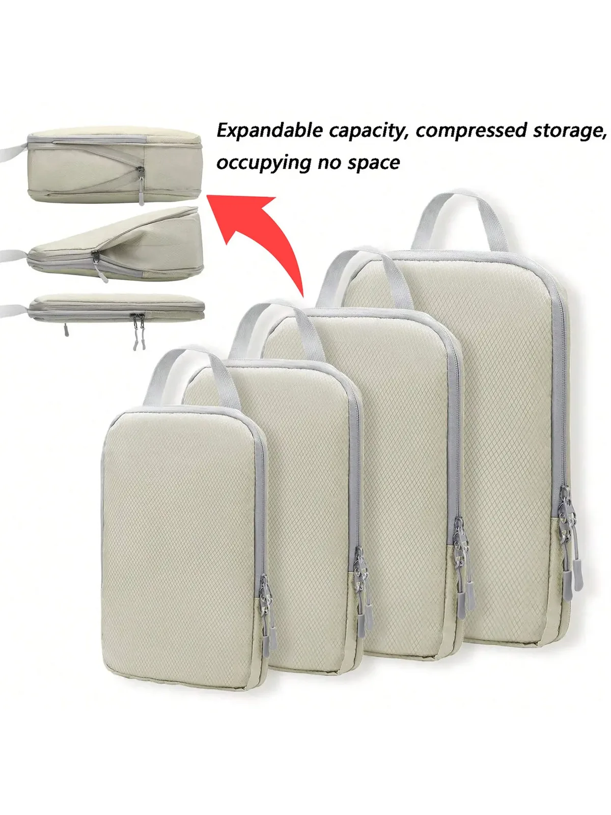 organisateur voyage polyester gris clair poignée noire fermeture glissière compressible sac chaussures rangement cube traçabilité usage polyvalent
