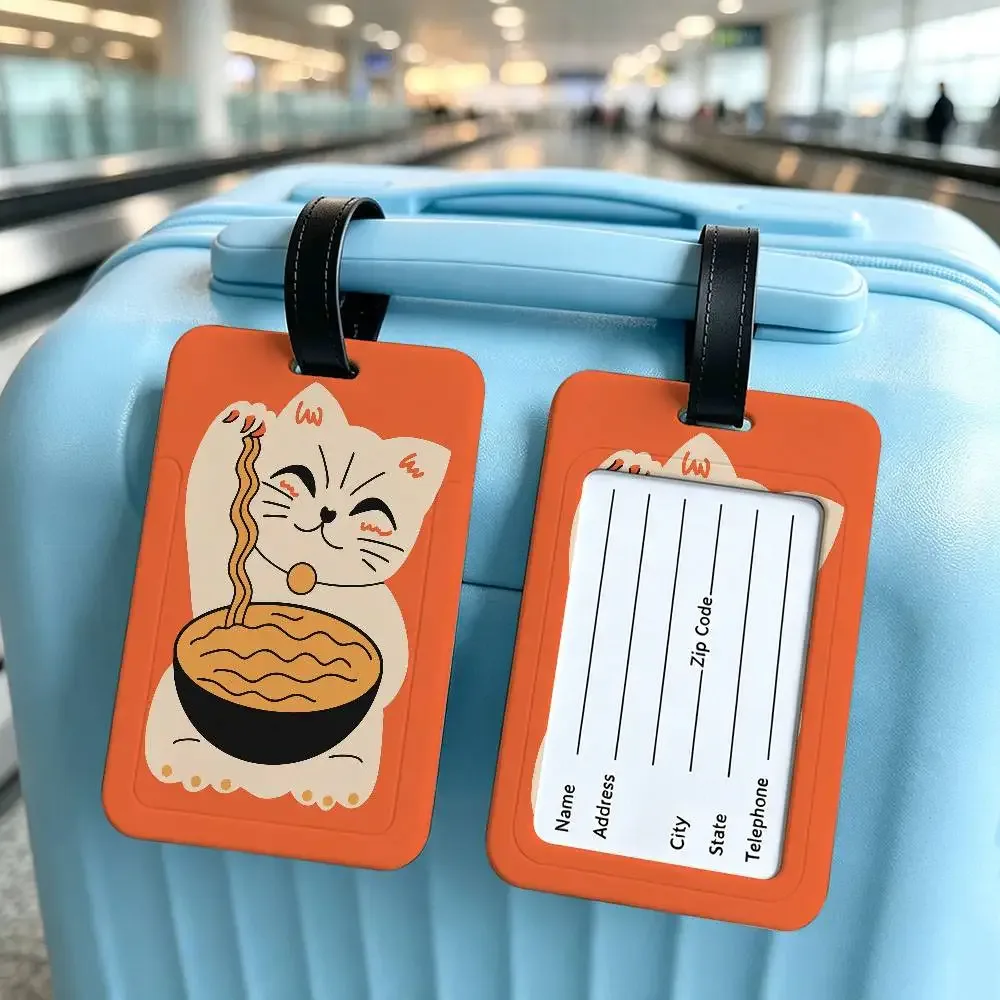 chat japonais mangeant des nouilles, étui pour carte d'information en toile imperméable, étiquette de bagage en pvc, identifiant anti-perte pour valise et sac à main