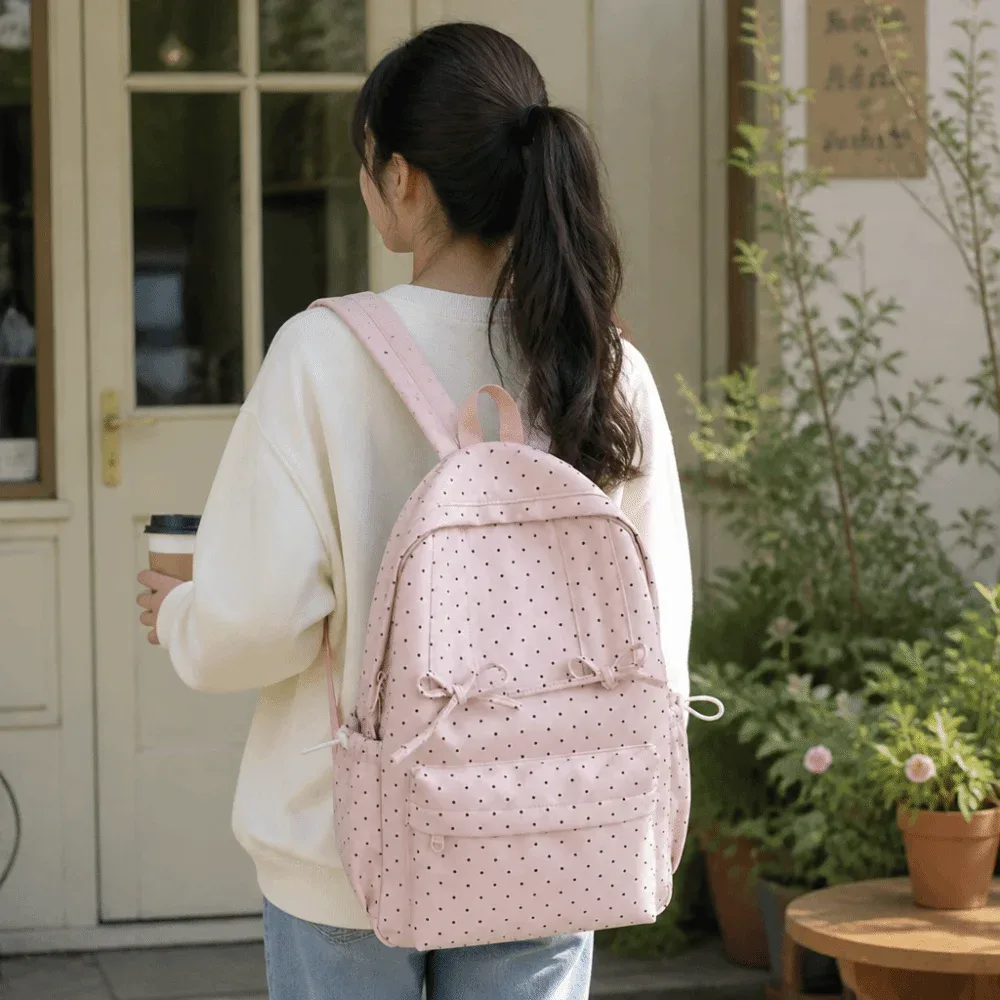sac à dos y2k à pois, grande capacité, léger, minimaliste, durable, avec nœud, pour étudiants, école, voyage