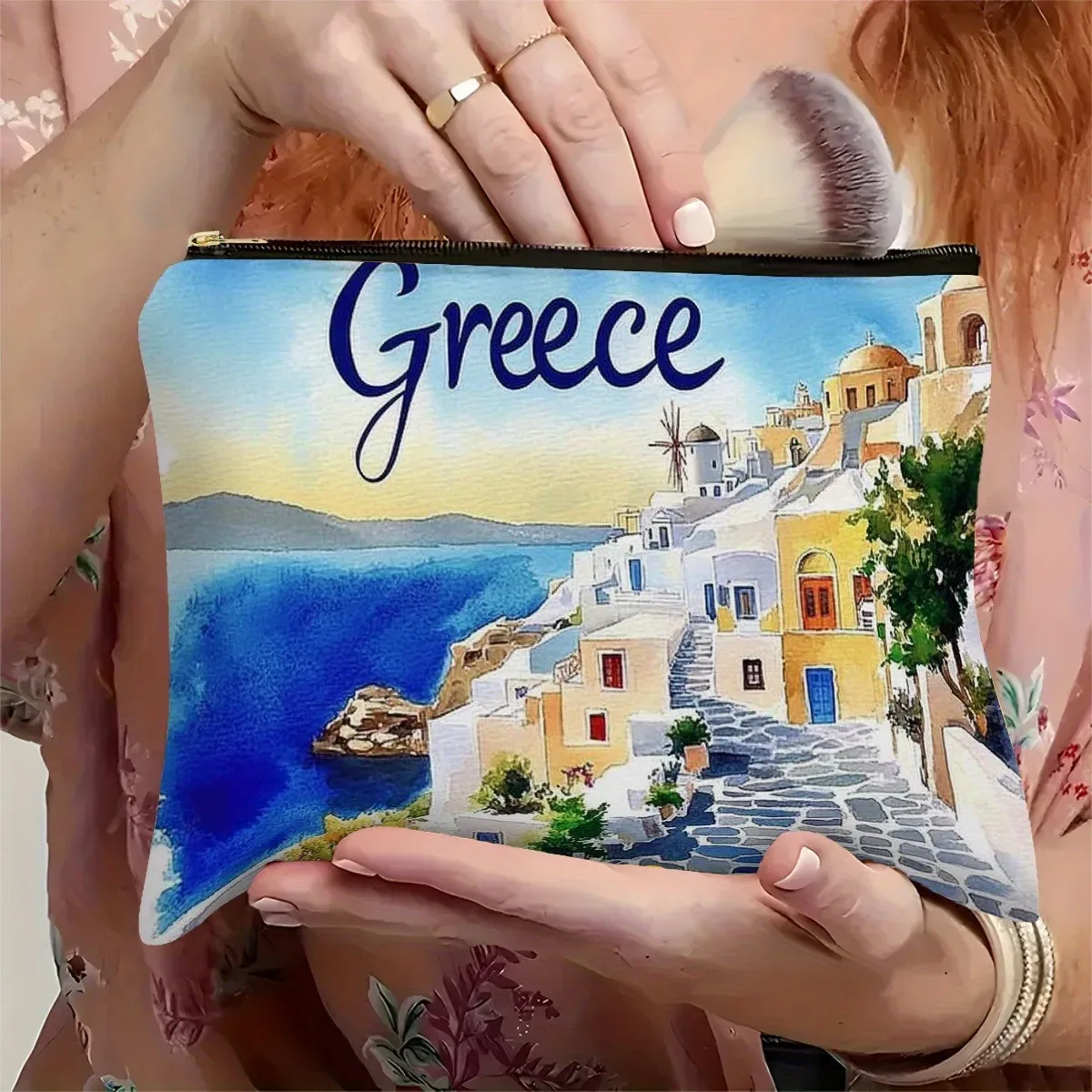 sac à cosmétiques aquarelle grèce bleu blanc jaune ville côtière & parthenon desig trousse de maquillage pochette de toilette de voyage en polyester