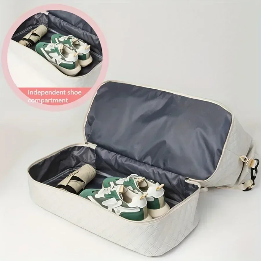 sac voyage nylon motif géométrique relief beige grande capacité bandoulière pochette cosmétiques transport week end