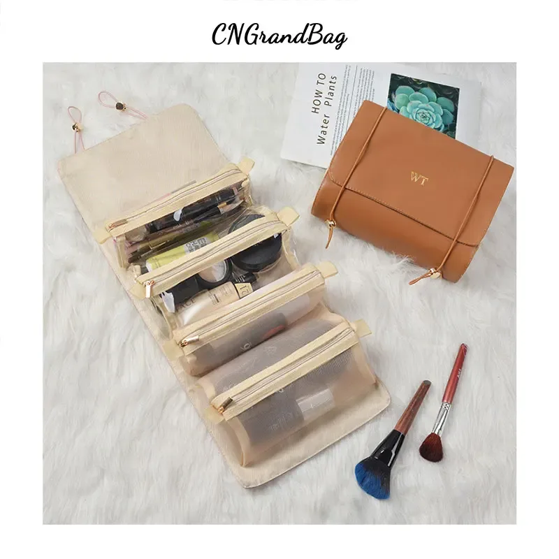 sac à cosmétiques en cuir pu avec lettre personnalisée, sac de rangement pour pinceaux de maquillage de voyage, poignées amovibles, trousse de lavage 4 en 1, mode questionfashion