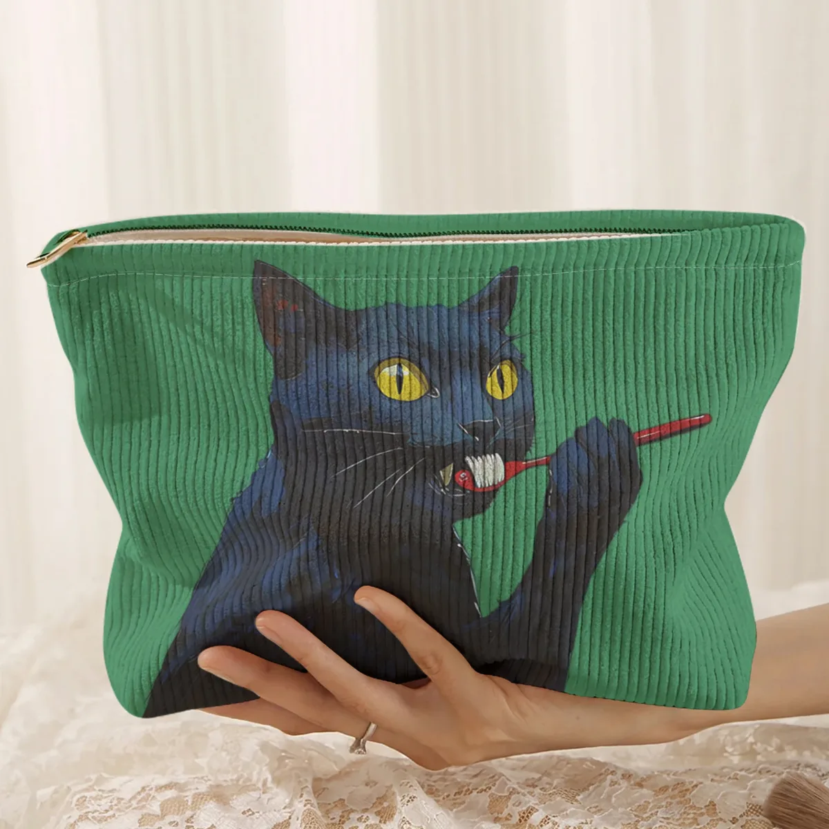 1 pièce, trousse de maquillage en velours côtelé à motif de chat noir, boîte de rangement légère à fermeture éclair, sac multifonctionnel avec doublure