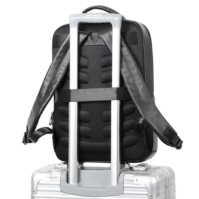 sac dos cuir vache noir polyester cadre externe broderie poignée souple usb charge voyage étudiant