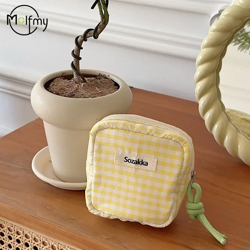 mini sac à cosmétiques à carreaux pour maquillage, couleur bonbon, sacs de rangement pour serviettes hygiéniques, portefeuille en tissu de coton, pochette, nouveau 2025