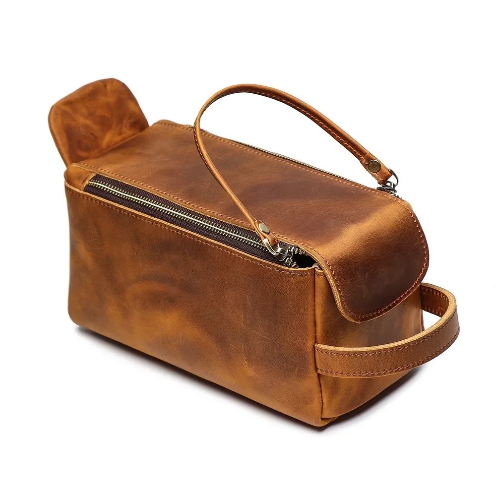 nesitu crazy horse – trousse de maquillage de voyage en cuir véritable pour hommes, étuis à cosmétiques vintage en cuir, rangement de lavage, trousse de toilette m30061