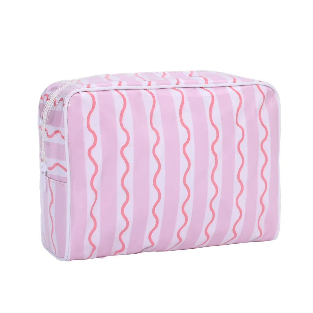 nouvelle trousse de maquillage rayée rose à fermeture éclair pour femme, grande pochette de toilette à motifs pour plage et voyage, sac de rangement transparent