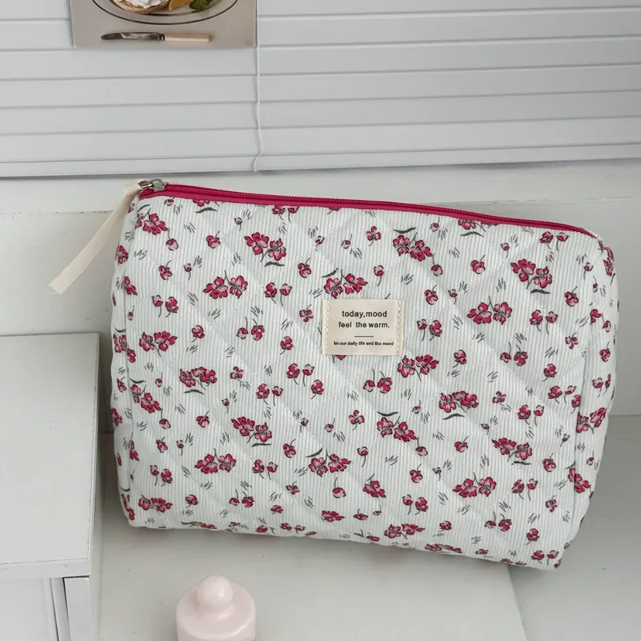sac de rangement de voyage en coton matelassé pour femmes, sacs à cosmétiques rétro cerise, design mignon, trousse à crayons pour filles, trousse de maquillage, sacs à main