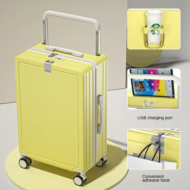 valise multifonctionnelle à roulettes avec poignée large, fermeture éclair, porte-gobelet, port usb, 20 pouces, bagage à main pour voyage