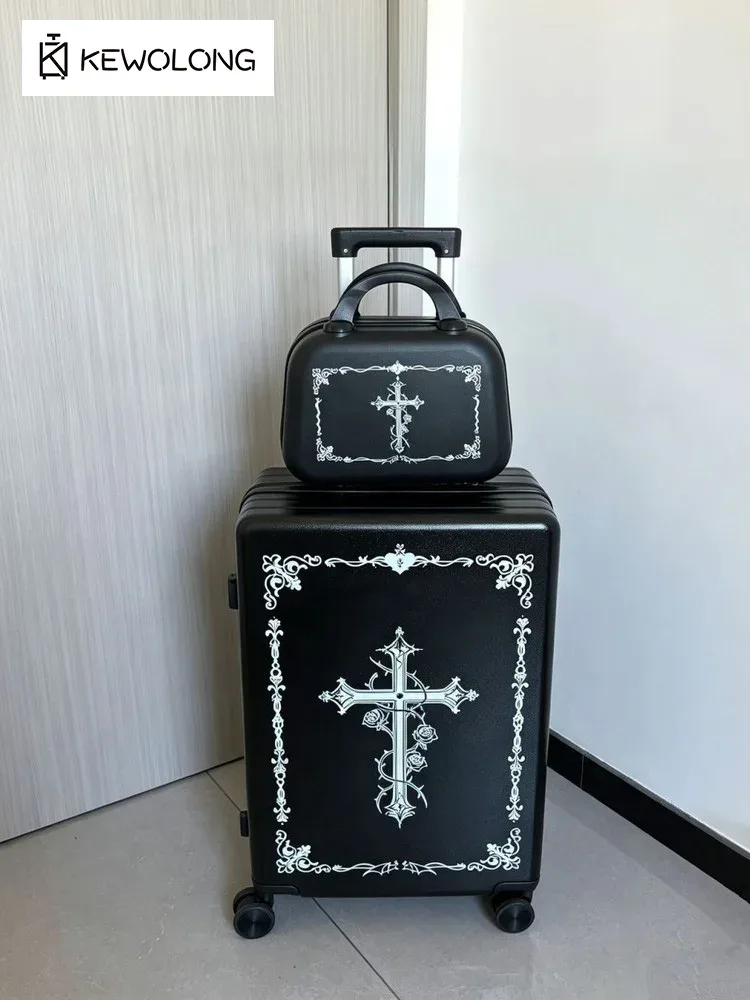 valise à roulettes gothique vintage 20/24 pouces, bagage à main rétro à coque rigide avec serrure et roulettes 360° ° roues, chariot de voyage