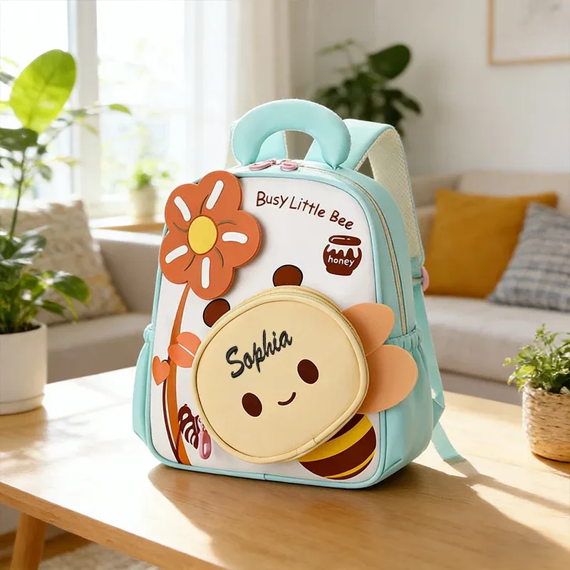 sac dos polyester rose motifs abeilles fleurs enfants double bandoulière grande capacité voyager école