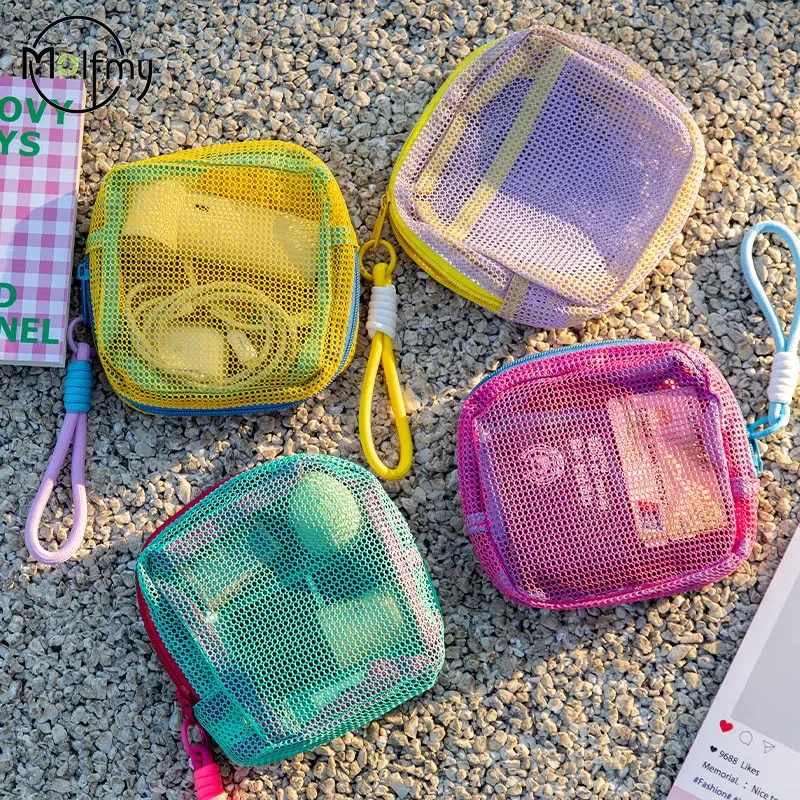 Sac de rangement carré en maille avec fermeture éclair, trousse de maquillage tendance pour voyage, grande capacité, pour rouge à lèvres, écouteurs et monnaie