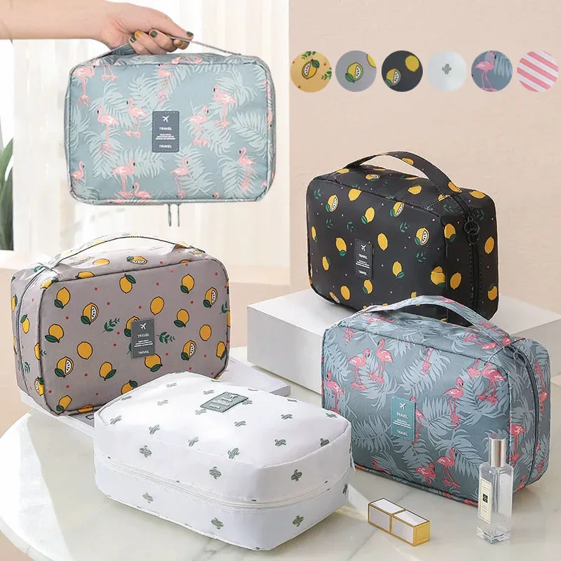 sac de voyage suspendu imperméable pour cosmétiques, imprimé flamant rose et citron, organiseur de maquillage portable, trousse de toilette pour femmes, rangement pour soins de la peau