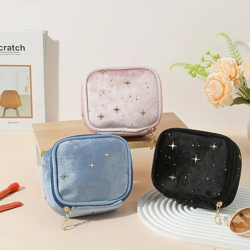 trousse de maquillage en velours sparkling star, pochette multi-usage de grande capacité avec fermeture éclair dorée pour pièces de monnaie de maquillage, 4 couleurs