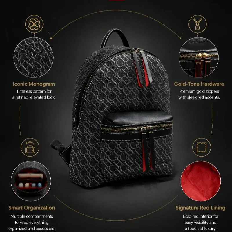 sac dos motif monogrammé fond noir poignées fermeture glissière intérieur rouge polyester voyage grande capacité unisexe