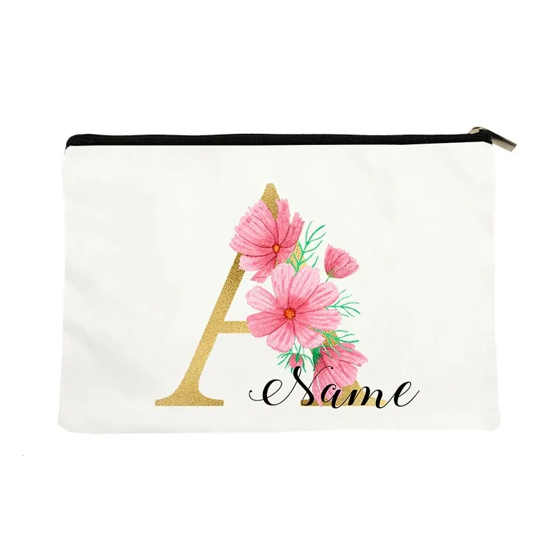 grande pochette zippée à motif floral rose et initiales dorées, organisateur d'essentiels de voyage en toile, trousse de maquillage pour enterrement de vie de jeune fille avec sac personnalisé avec nom.