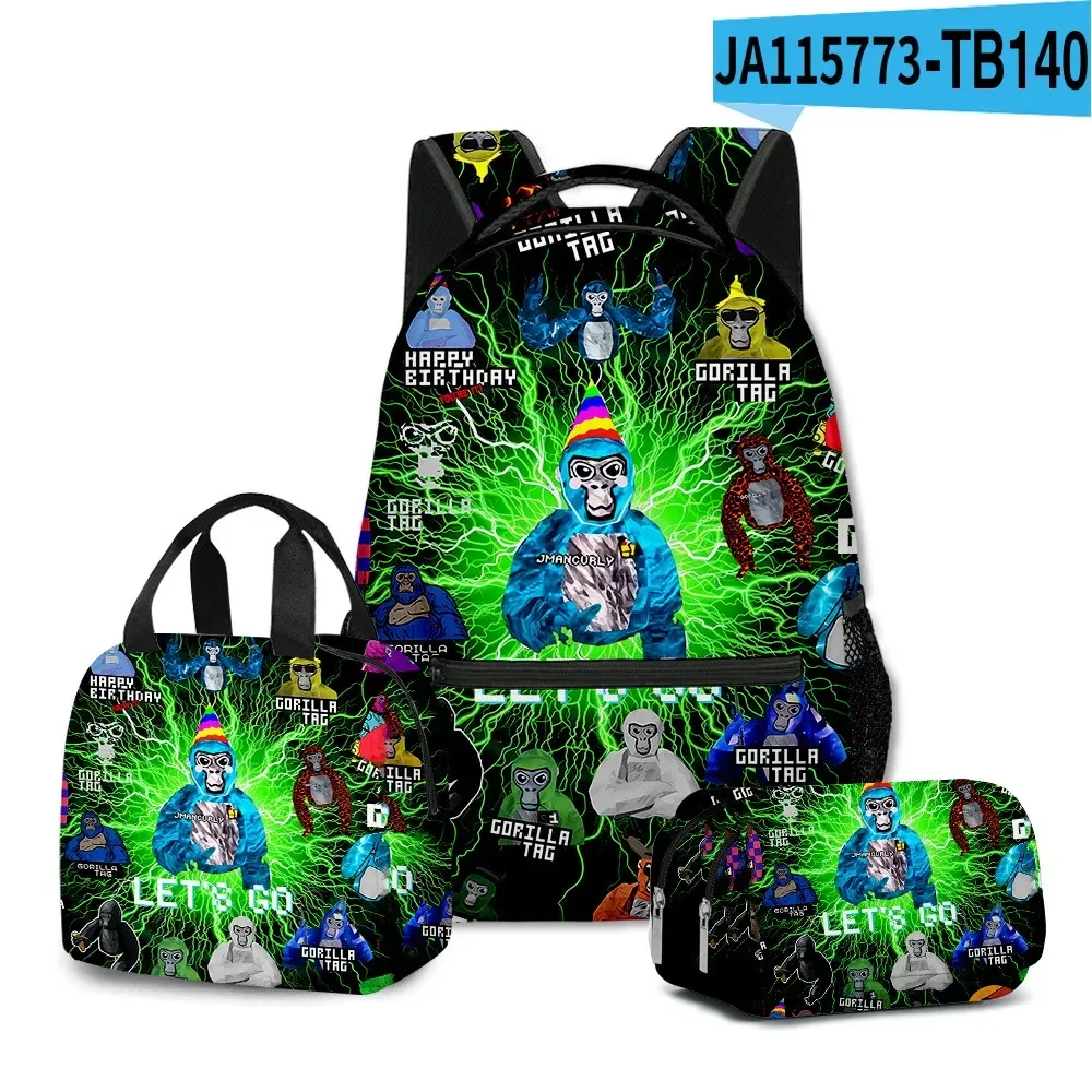 sac à dos d'école pour étudiants, sac à dos portable pour ordinateur portable, sac à déjeuner portable, trousse à crayons, imprimé 3d, motif gorilla classique, populaire et amusant, 3 pièces/ensemble