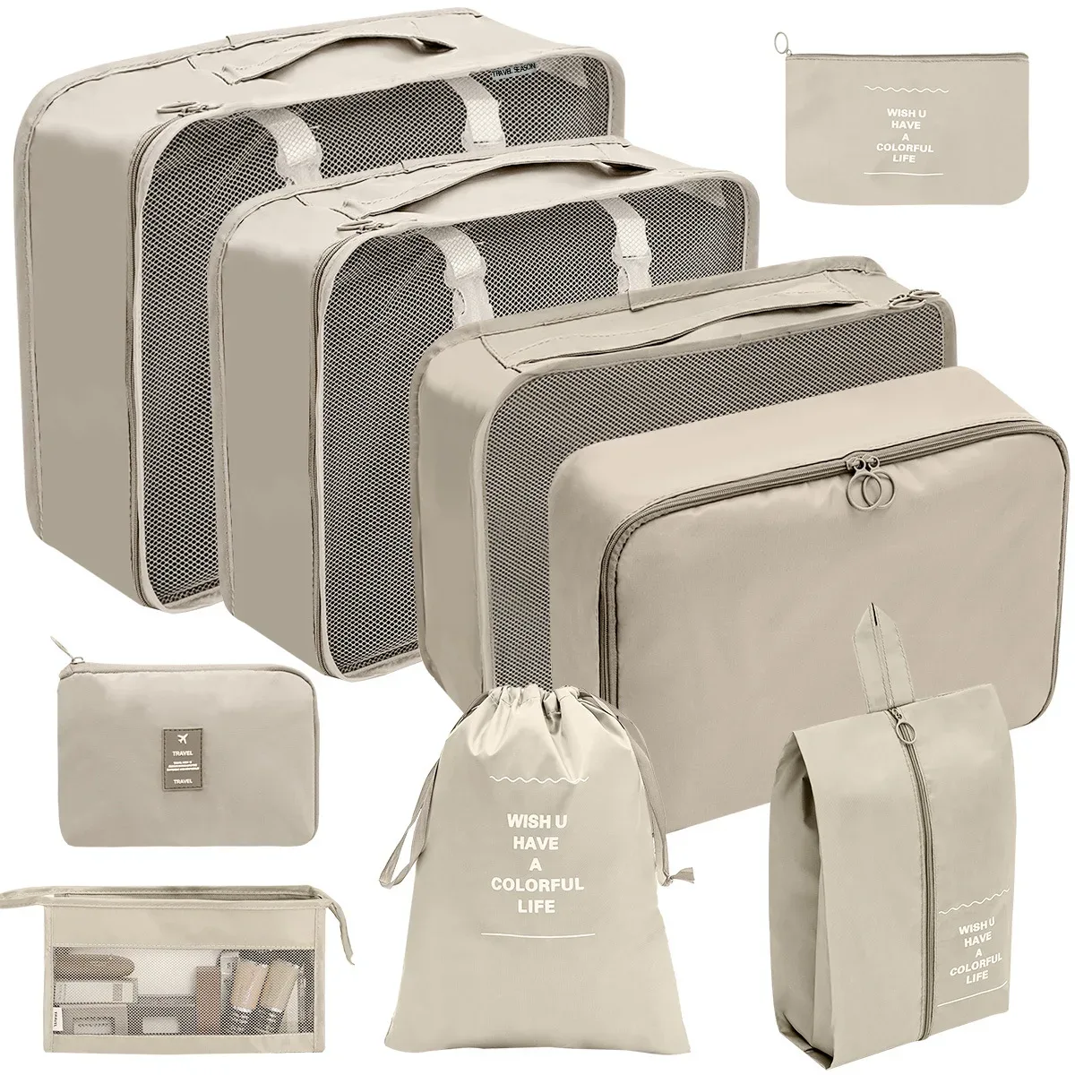 Organisateur Voyage Polyester Beige Clair Tissu Imperméable Poches Maille Transparente Fermetures Glissière Poignées Intégrées Grande Taille