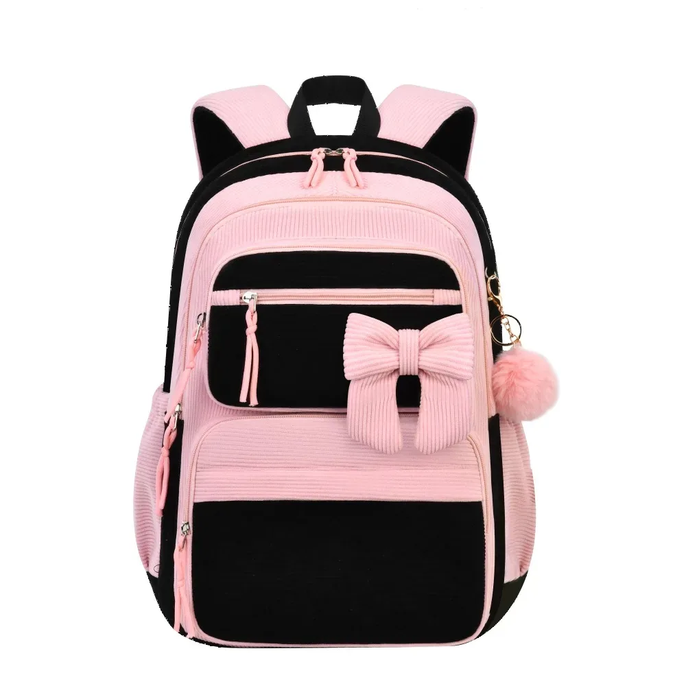 sac dos velours cotelé lavande cerises rouges bandoulières ajustables boucle pompon porte-clefs usage voyage école fille