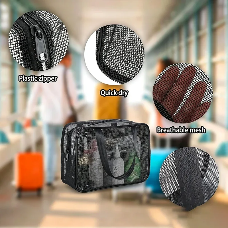 sac de toilette en maille noire, organiseur de douche portable, sac de voyage étanche et anti-fuite, sac de sport