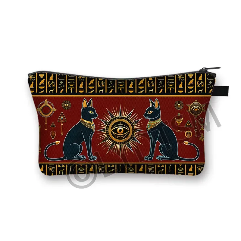 trousse à cosmétiques imprimée chat noir égyptien ancien, sac de maquillage pour femmes, hiéroglyphes égyptiens, croix ankh, rouge à lèvres, serviette, sacs de toilette
