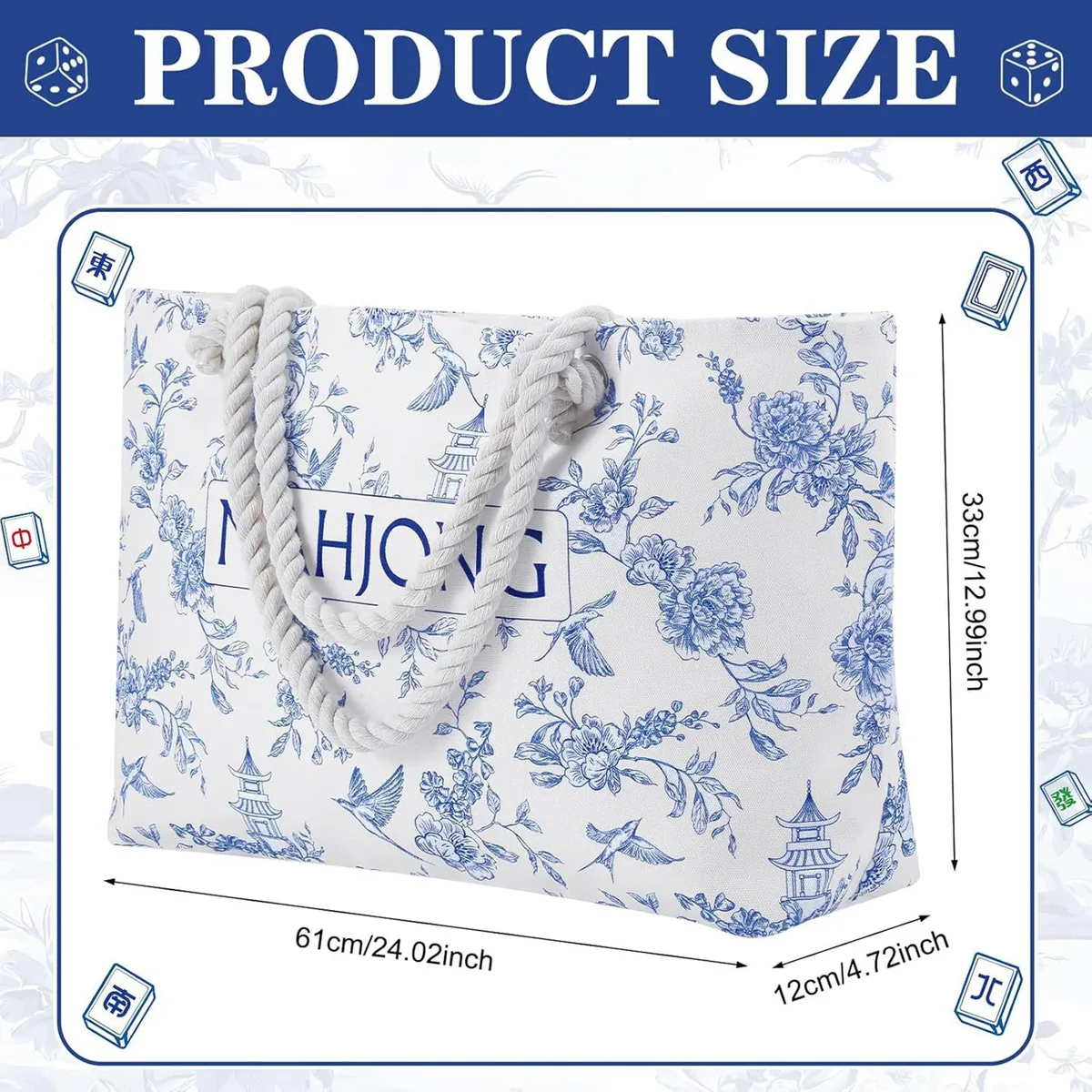 sacs de rangement pour tuiles de mahjong imprimées bleues, ensemble de sacs fourre-tout de 24x13x4,7 pouces, grands avec poignées pour les voyages, le transport quotidien, cadeau pour les amateurs de jeux de société