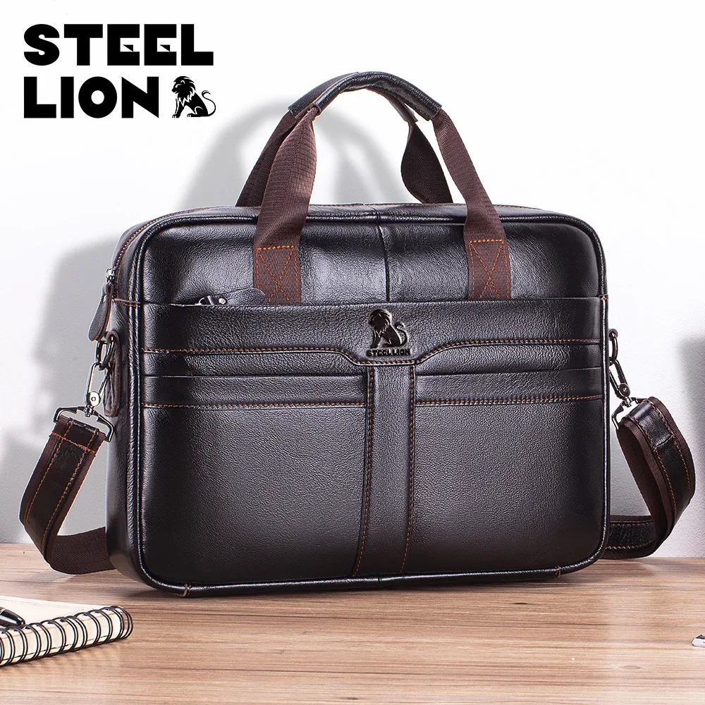 sacoche en cuir pour homme, grande capacité, sac de bureau professionnel, sac pour ordinateur en cuir de vache, peut être porté à la main ou à l'épaule.