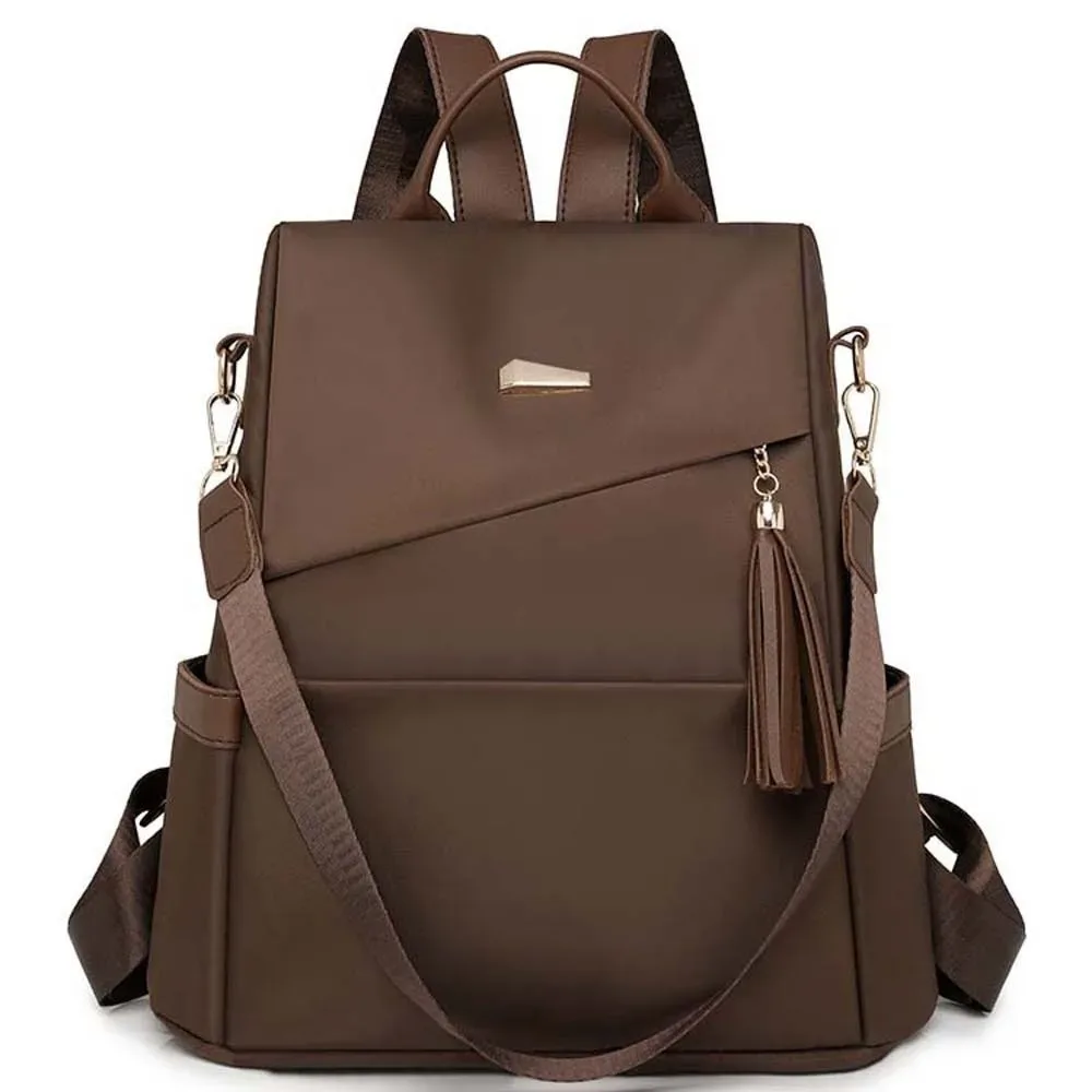 sac à dos en nylon de grande capacité pour femmes, sac à dos imperméable de couleur unie, doux au toucher, multi-poches, avec pompon décoratif, sac à dos antivol