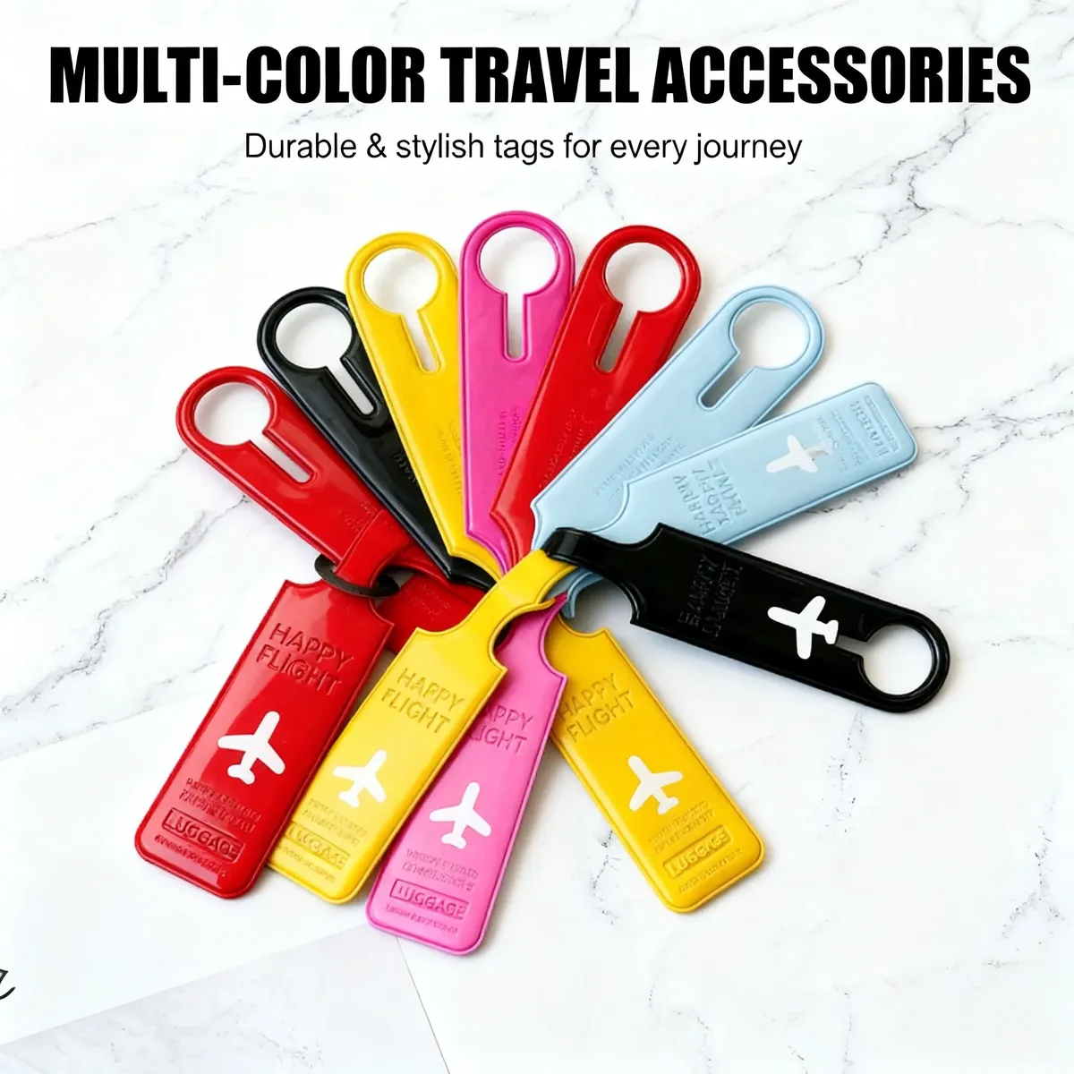 étiquette bagage plastique motif avion happy flight couleur marron doré usage voyage identification valise nom adresse
