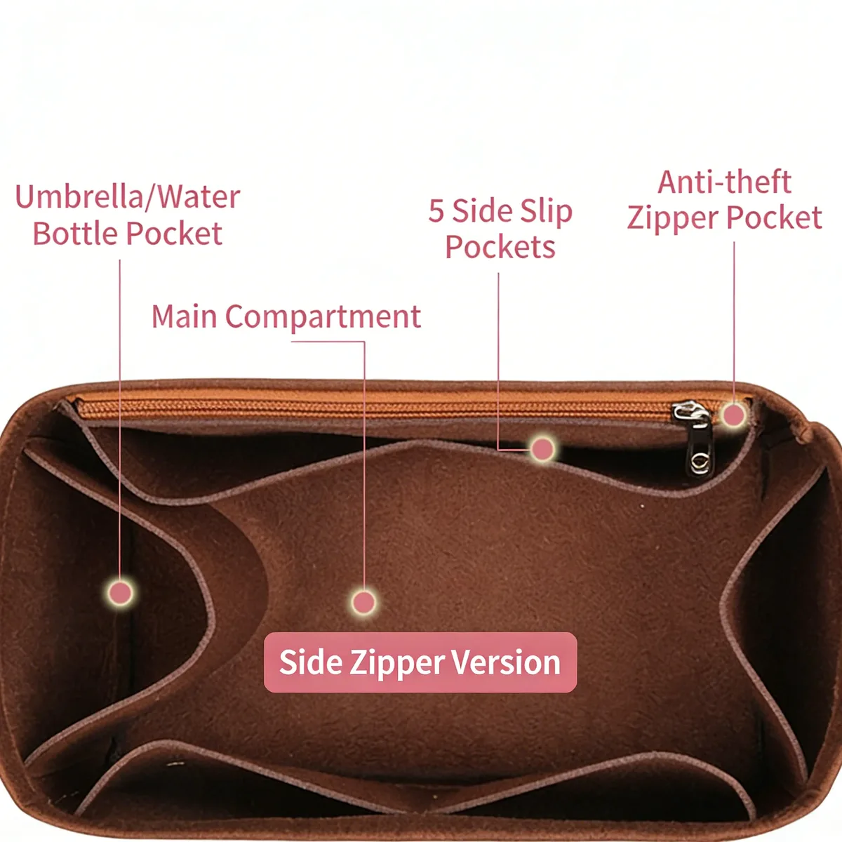 organisateur en feutre de qualité supérieure pour sac fourre-tout classique à poignée supérieure, sac intérieur de luxe pour sac à main, pochette de maintien avec fermeture éclair anti-affaissement