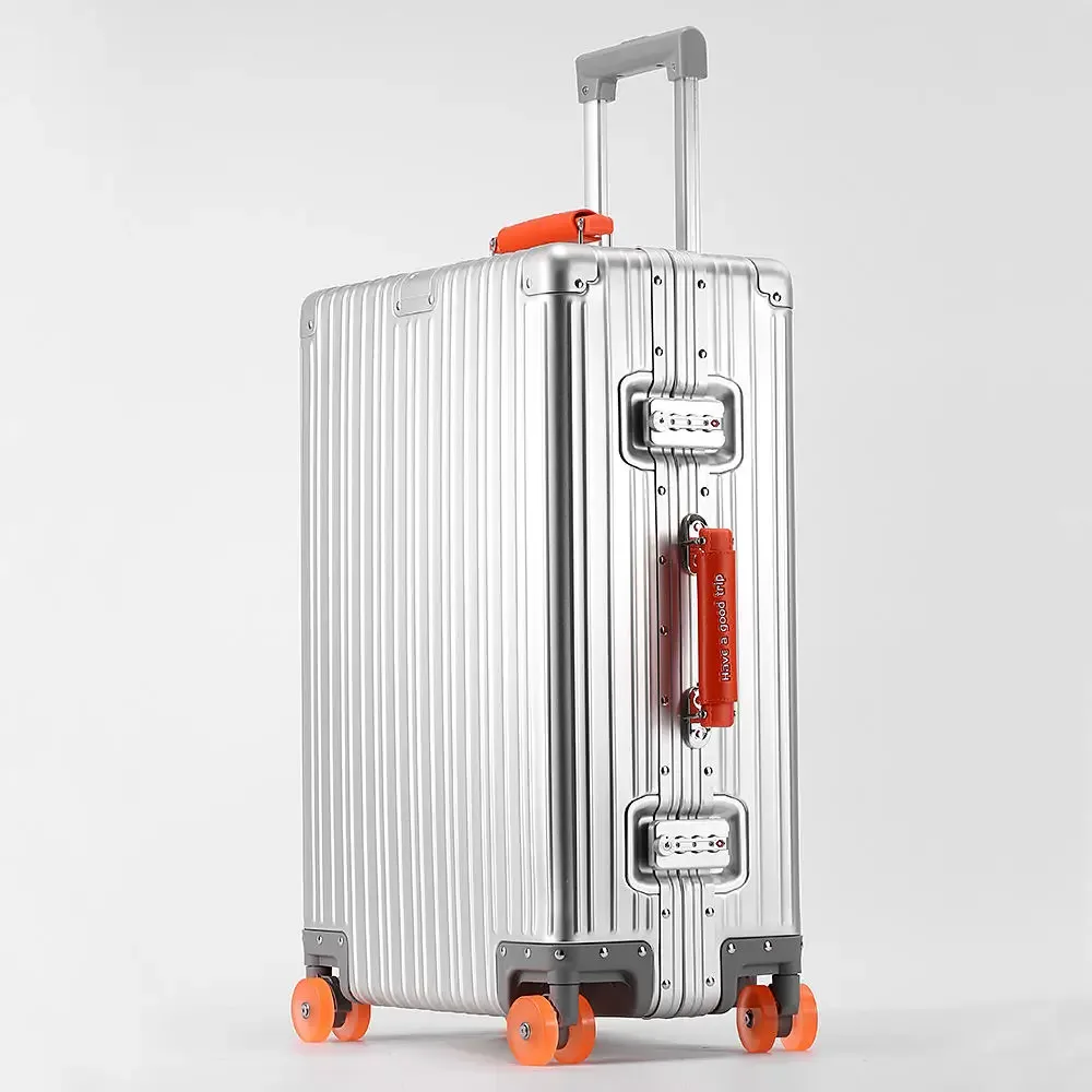 nouvelle valise tout en alliage d'aluminium-magnésium avec roue rotative serrure tsa poignée en cuir 20/24/29 ''étui de voyage sac bagage roulant
