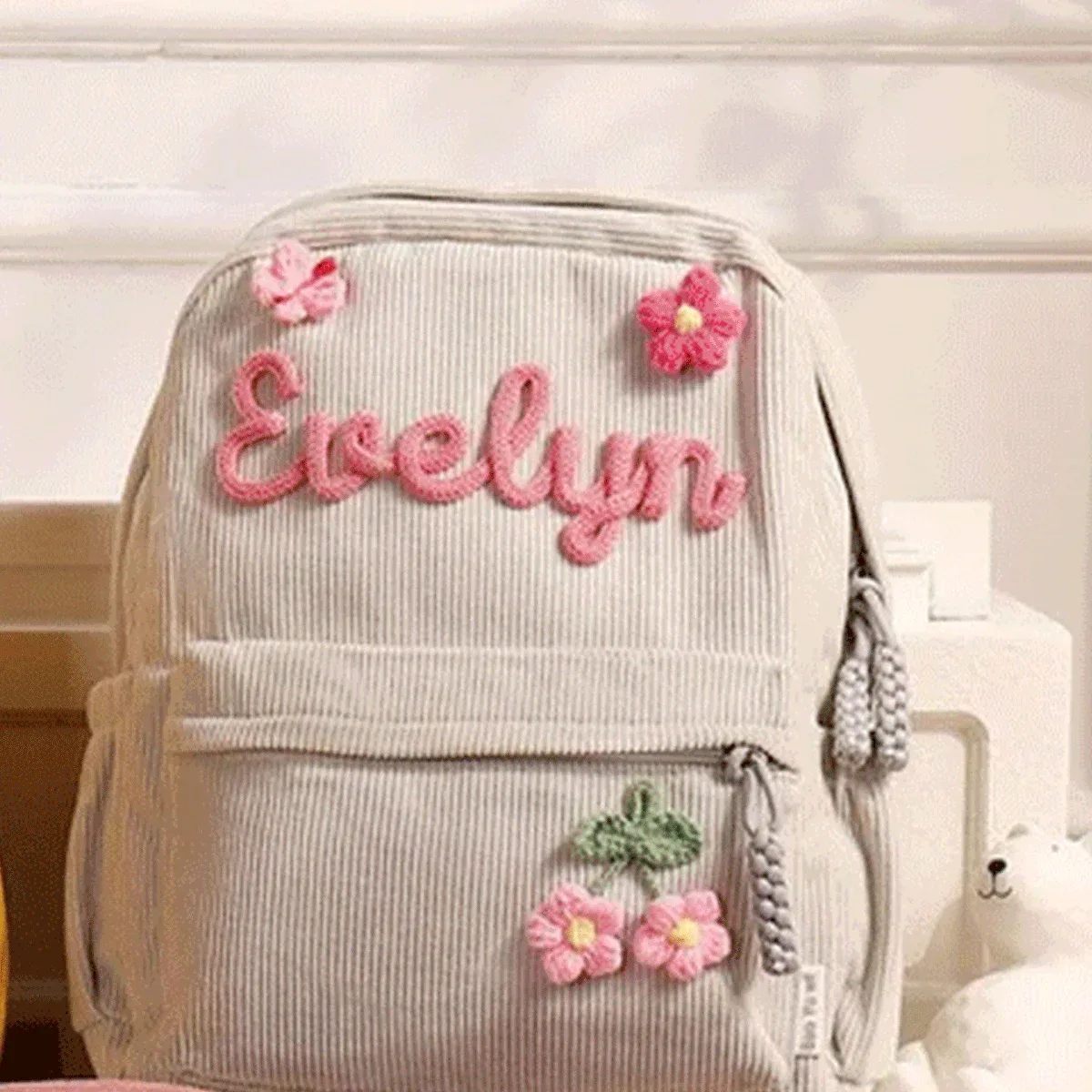 sacs à dos personnalisés en velours côtelé – sacs à dos brodés sur mesure, décorations florales/animalières, styles parent-enfant, sac pour sœur/frère