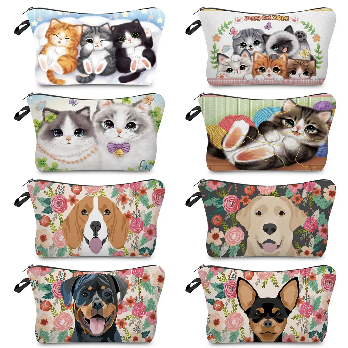 dessin animé fleur chien chat mignon imprimé femmes sac cosmétique en plein air portable voyage trousse de toilette personnalisable trousse de toilette trousse de maquillage