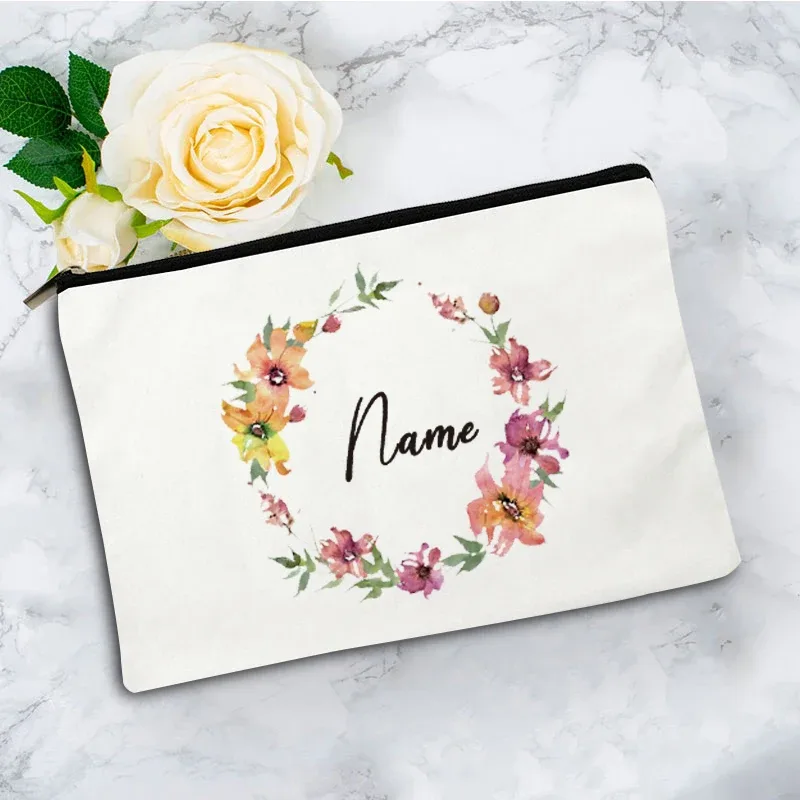 pochette zippée à motif floral pour femme, sac de voyage, organisateur en toile, trousse de maquillage, cadeau pour enseignant avec nom personnalisé lady f
