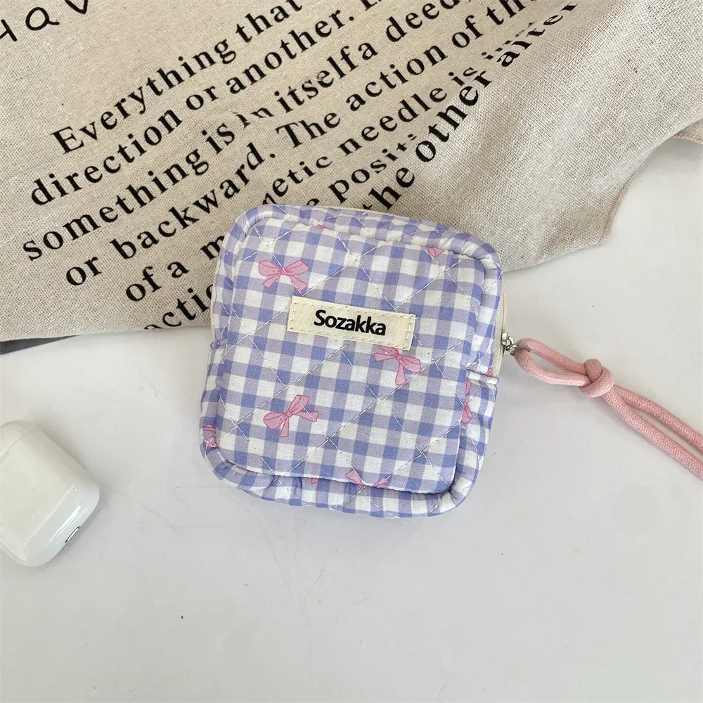 mini sac cosmétique carré à carreaux mignon pour femmes, écouteurs portables, rouge à lèvres, serviettes hygiéniques, stockage de poudres, petits sacs de maquillage à fermeture éclair