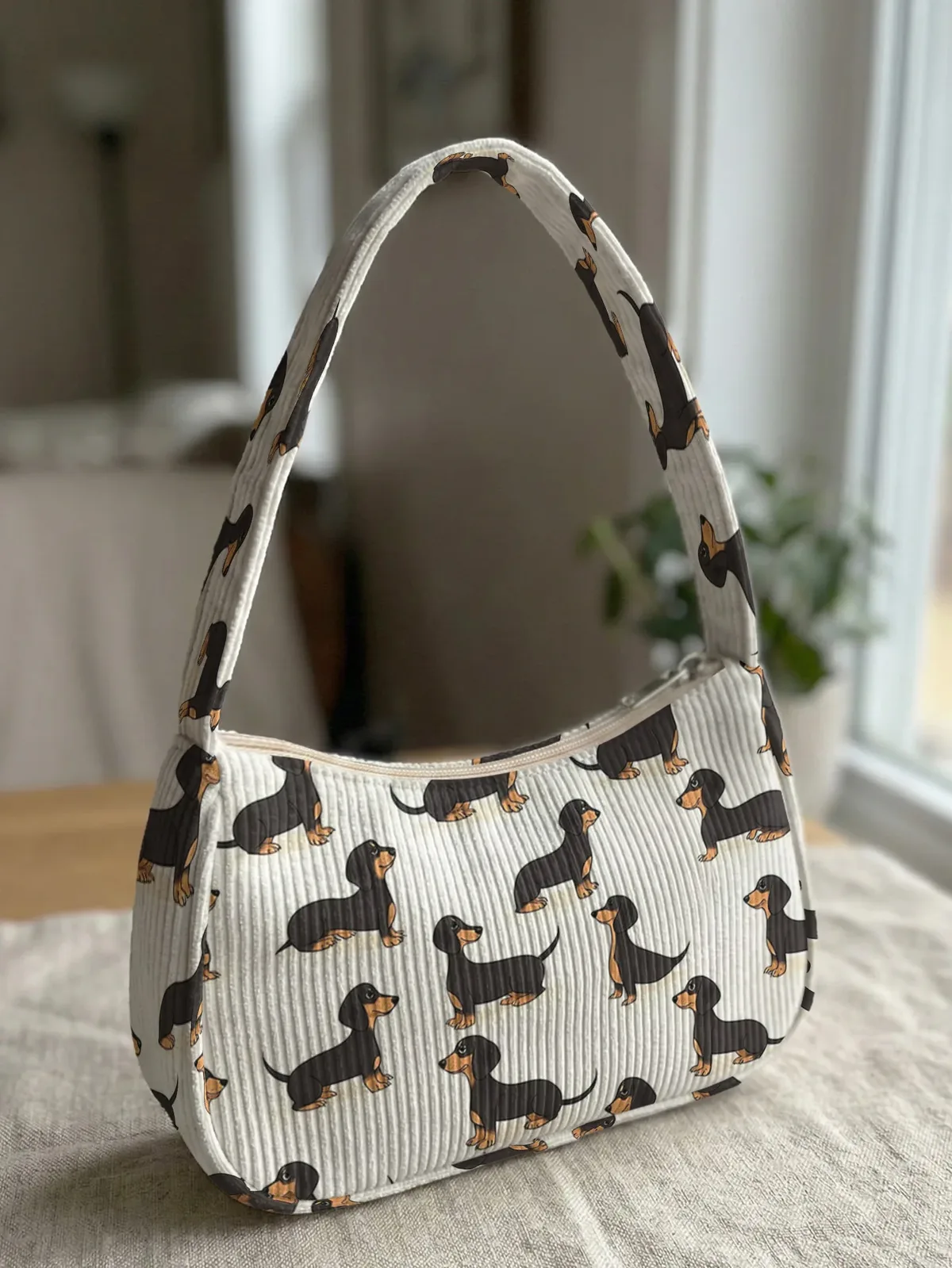 sac à bandoulière tendance à imprimé teckel, sac sous le bras en velours côtelé beige pour un usage quotidien décontracté