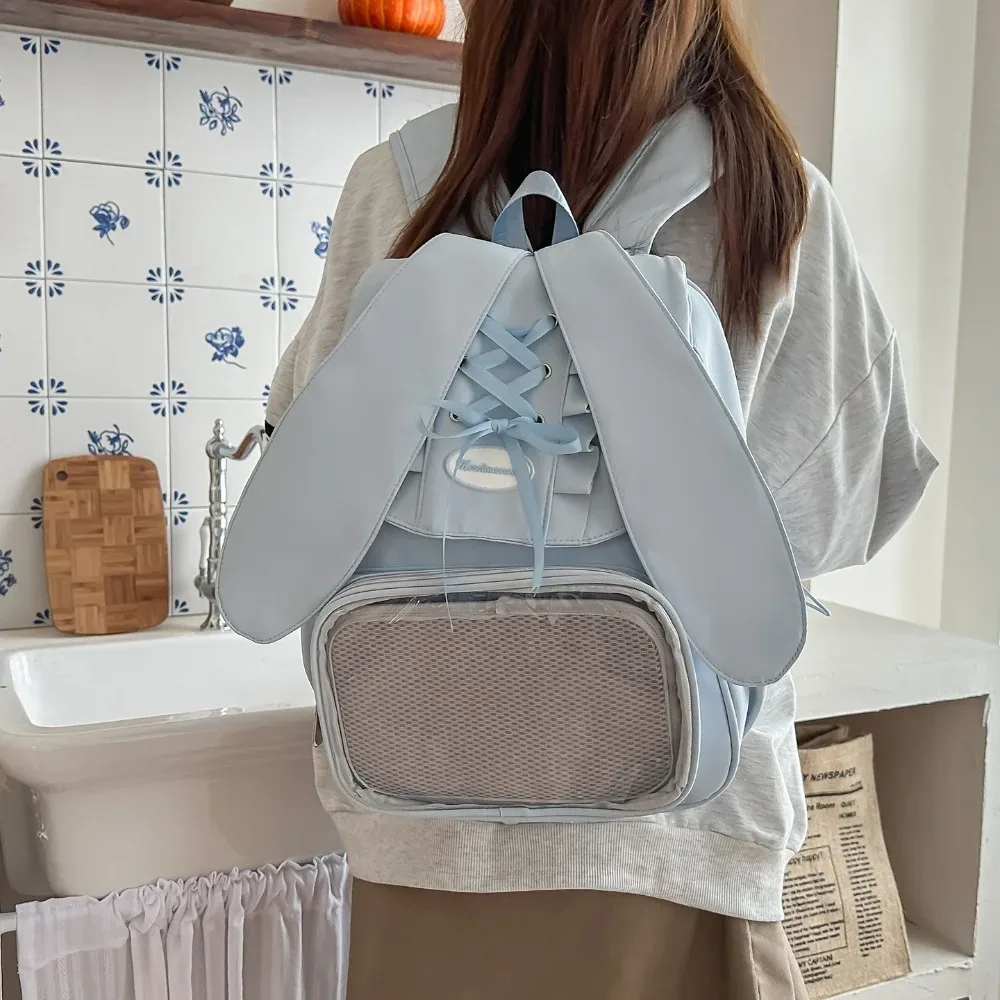 sac à dos transparent pour femmes et adolescentes, style ita bag avec oreilles de lapin et nœud, mignon