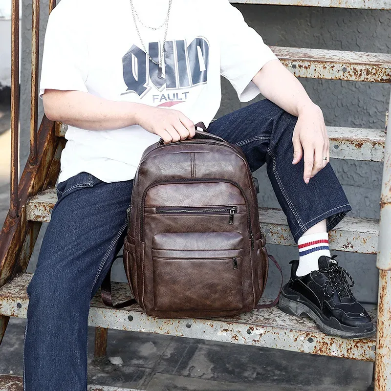 sac à dos de chargement usb en cuir pu pour hommes, grands sacs à dos pour ordinateur portable, cartable pour adolescents, haute qualité