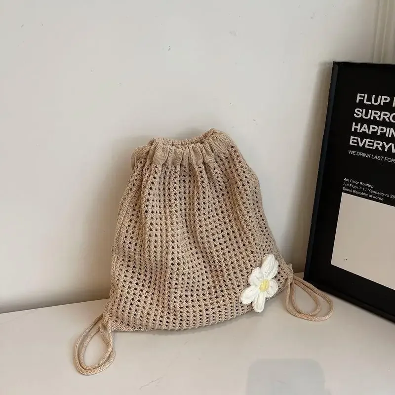 sac à bandoulière en tricot couleur unie grande capacité, sac à dos bohème en crochet ajouré, sac fourre-tout de plage et de voyage pour femme