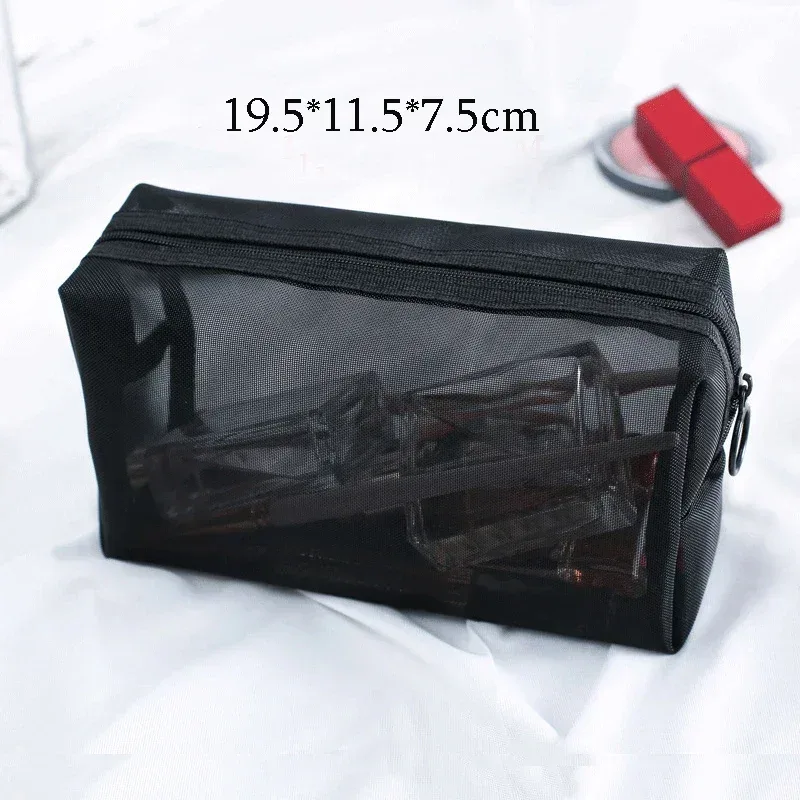 trousse de maquillage en maille noire pour femme, sac à cosmétiques transparent, petits et grands sacs de rangement portables, articles de toilette de voyage, évaluateurs de serviettes
