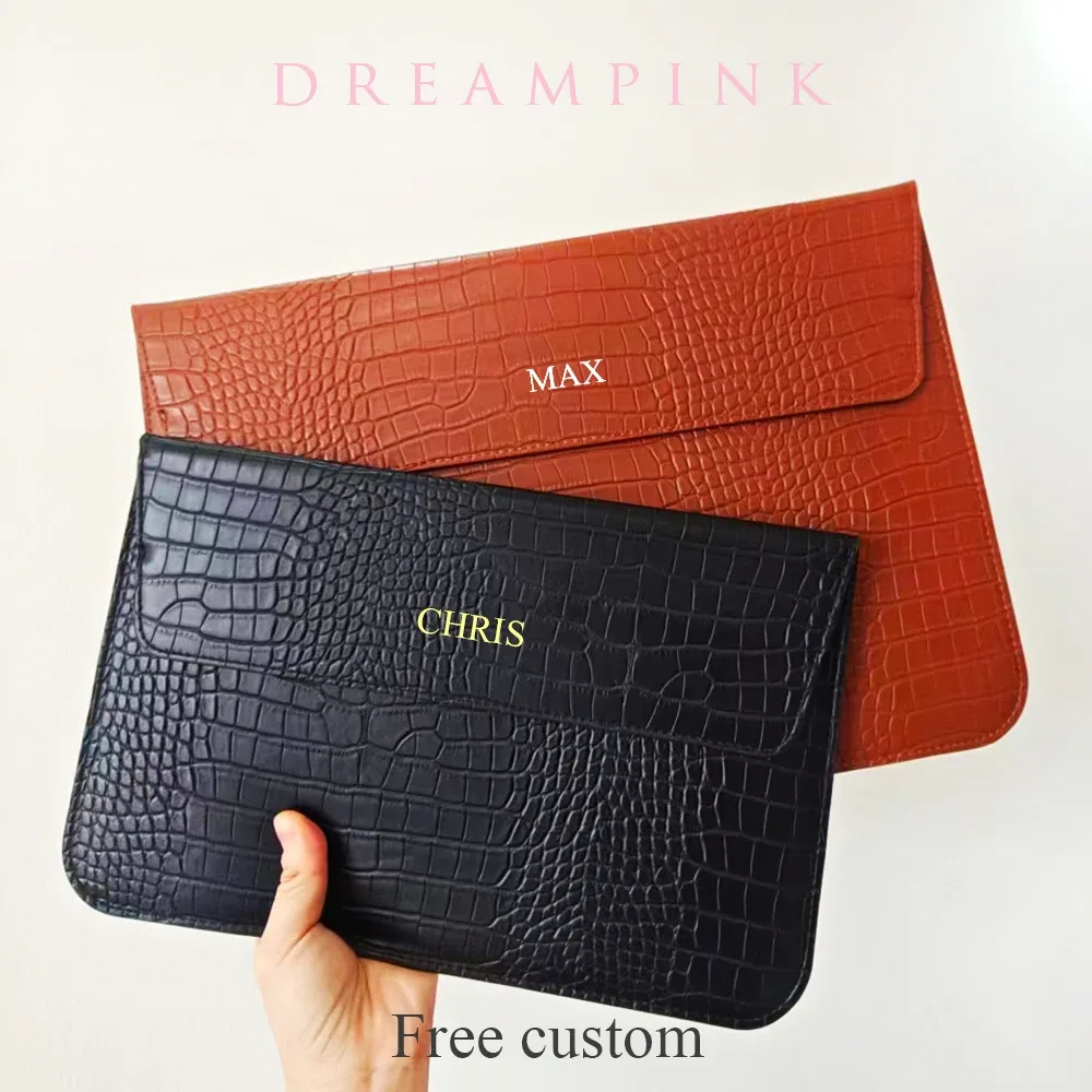 étui pour ordinateur portable en cuir pu effet crocodile personnalisé avec logo gravé, pour hommes et femmes, 13, 14, 15 pouces, compatible air pro, avec support intégré