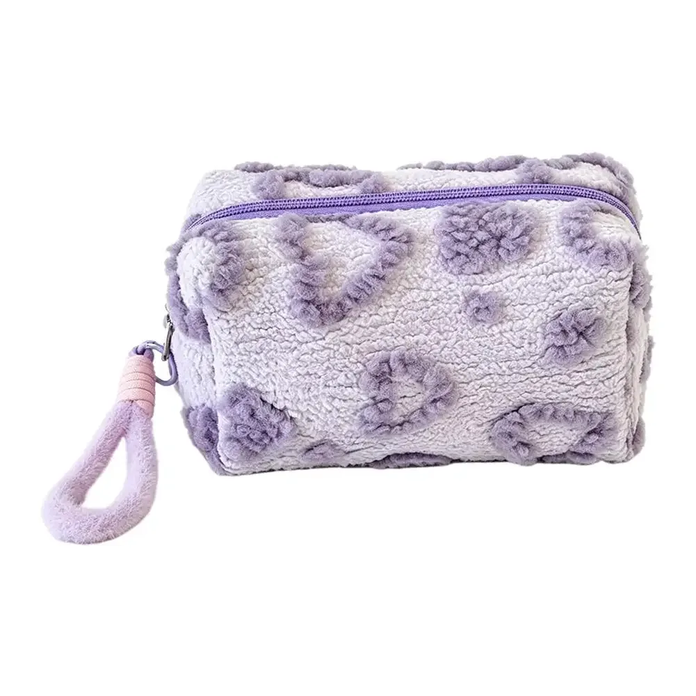 pochette de maquillage kawaii moelleuse avec dragonne, motif cœur, trousse de toilette de voyage, sac de rangement pour cosmétiques et beauté
