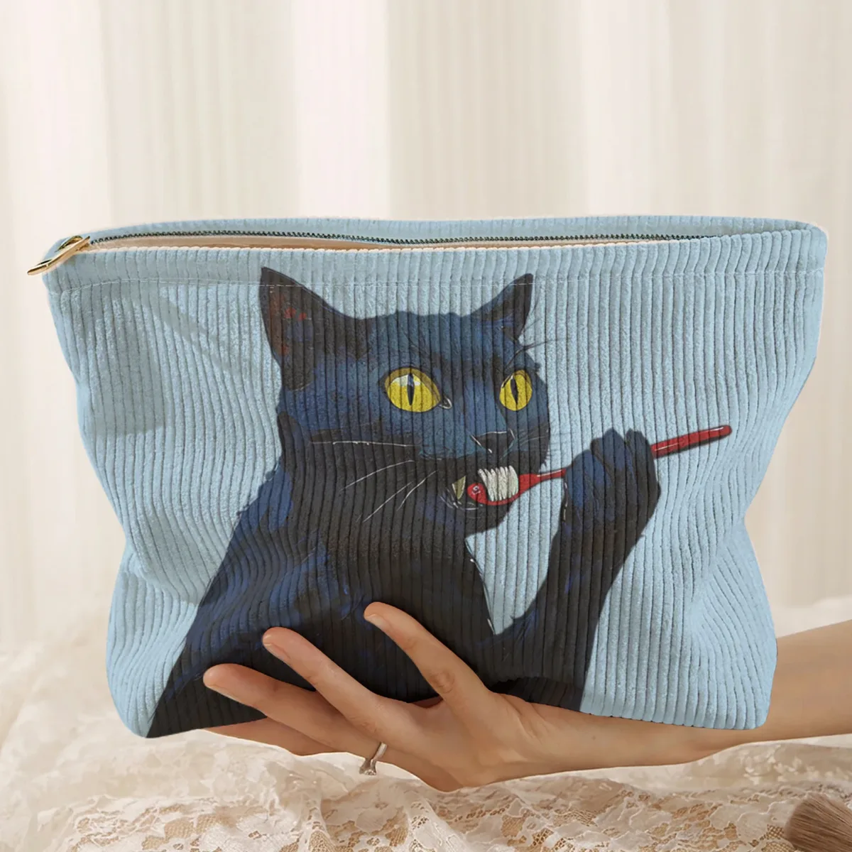 1 pièce, trousse de maquillage en velours côtelé à motif de chat noir, boîte de rangement légère à fermeture éclair, sac multifonctionnel avec doublure