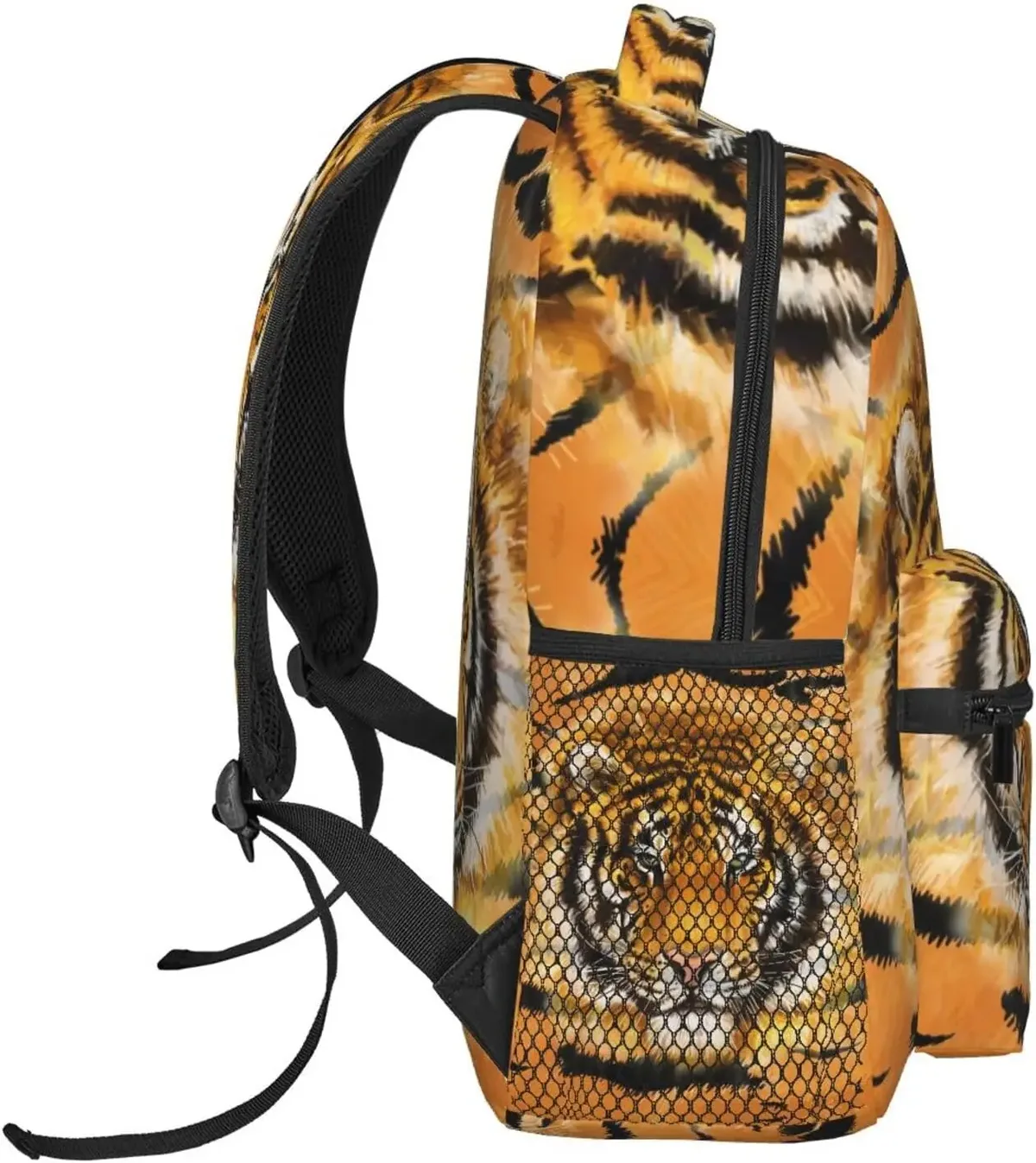 sac dos polyester imprimé tigre rayures noires orange fond beige poches latérales zip grande ouverture bandouliere chaîne usage voyage école randonnée camping