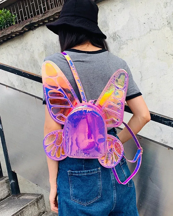 mode femmes laser mini sac à dos papillon ailes d'ange sac à dos pour filles voyage sac à dos décontracté sac d'école en cuir holographique