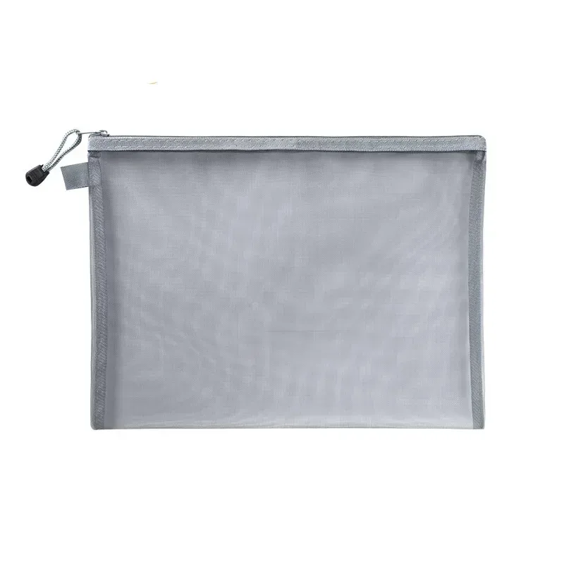 trousse toilette nylon transparent bords bleu gris rose blanc fermeture glissière format a6 voyage cosmétiques maquillage