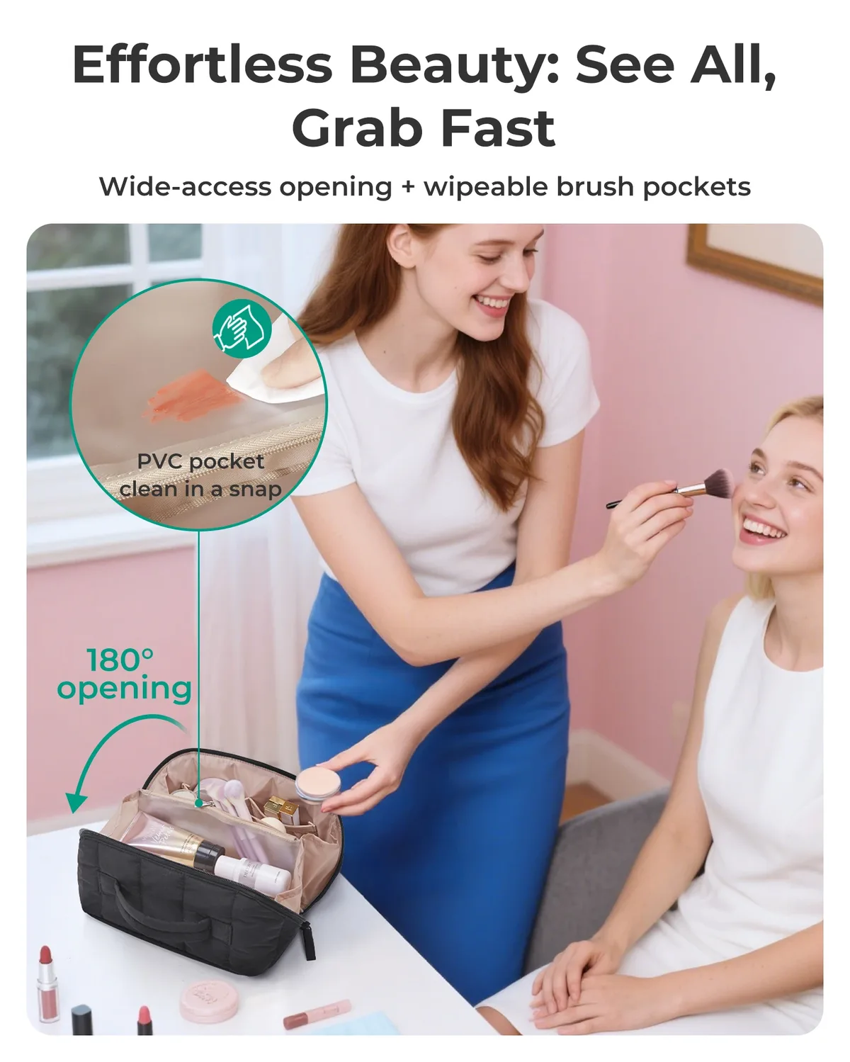 bagsmart trousse de maquillage de voyage matelassée pour femme, ouverture plate, résistante à l'eau, marron, trousse de toilette portable, organiseur de maquillage rembourré