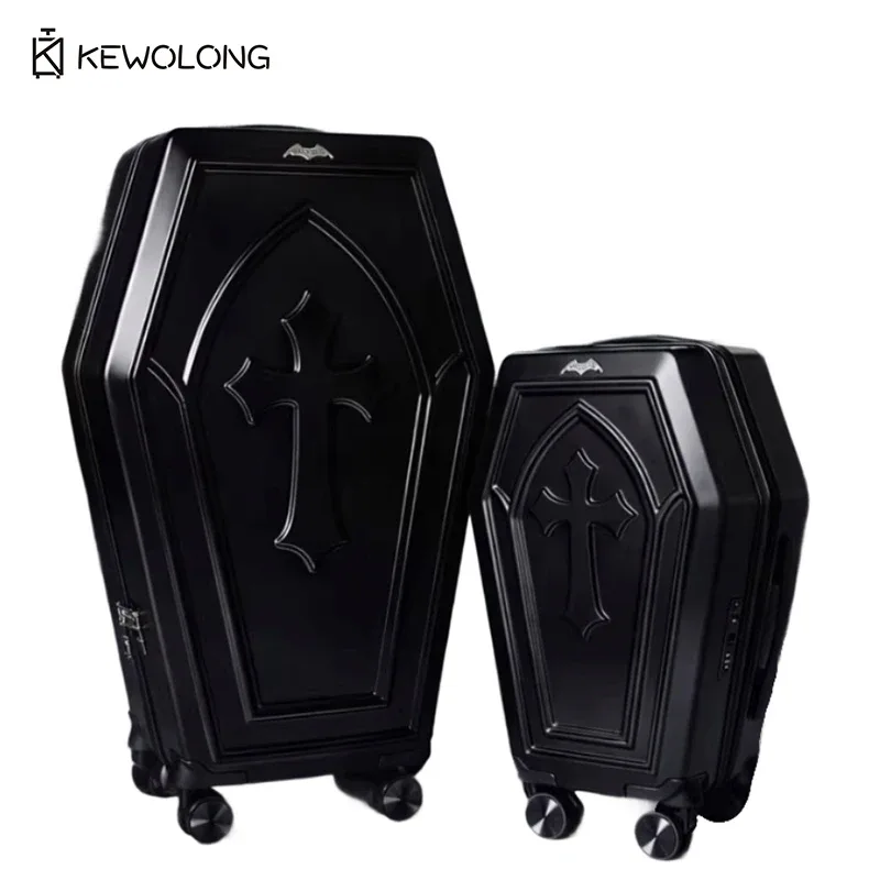 valise rigide motif croix gothique 3d en relief, design cercueil, résistante aux rayures, avec serrure tsa et roues multidirectionnelles